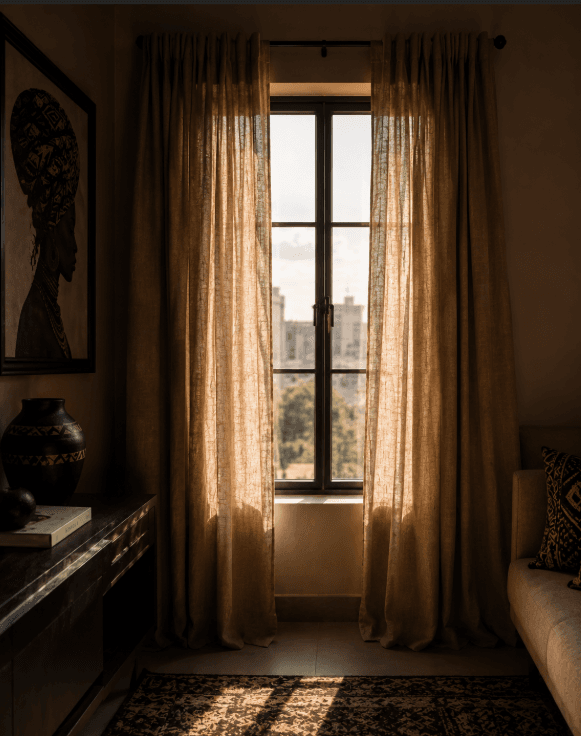 Elegant window with golden sheer curtains
